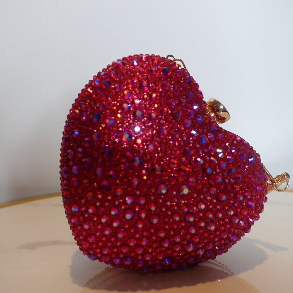 RAMLA Heart Shaped Crystal Rhinestone Women's clutch Gold color Hardware Magenta - Picture 2 of 10